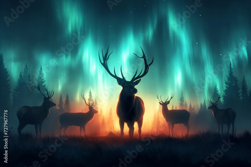 A group of deer against the backdrop of the northern lights.