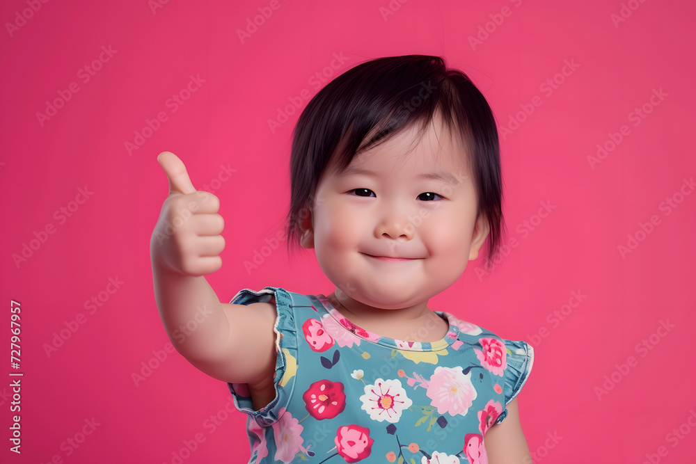 Joyful Gesture: Cute Asian Toddler Expresses Positivity with Thumbs Up on Pink Background Joyful Gesture: Cute Asian Toddler Expresses Positivity with Thumbs Up on Pink Background