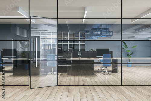 Modern glass office interior with concrete flooring and furniture. Lobby and waiting area concept. 3D Rendering.