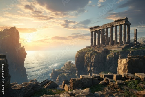 Discover the remnants of the ancient Greek city of Delphinia, providing a window into the rich history of the region, The ruins of an ancient Greek temple on a cliff, AI Generated