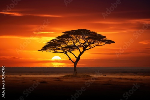 Serene Silhouette, Lone Tree Against the Setting Sun, The silhouette of a lone tree on an African savanna, AI Generated