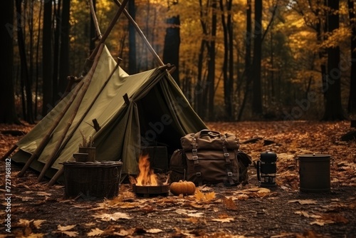 A tent is set up in the peaceful woods, providing a cozy shelter amidst the serenity of nature, Tourist's survival kit and camping tent in autumn forest, AI Generated