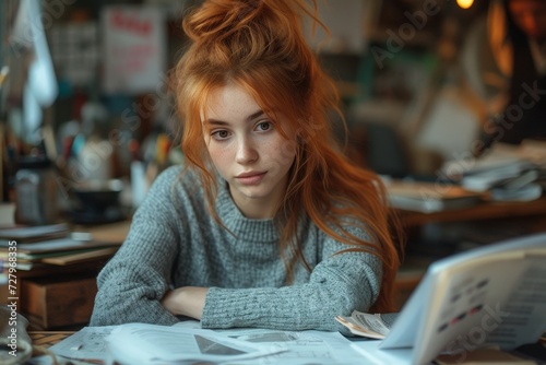 A young girl engrossed in a book sits at a table, her face illuminated by the warm glow of the indoors, her clothing a reflection of her vibrant spirit