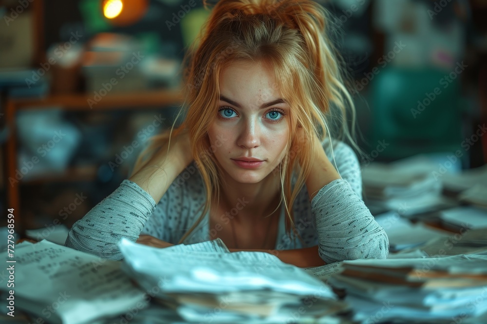 Fototapeta premium A distressed woman in casual clothing clutches her head in despair as she stands among scattered books, revealing a complex portrait of inner turmoil and vulnerability