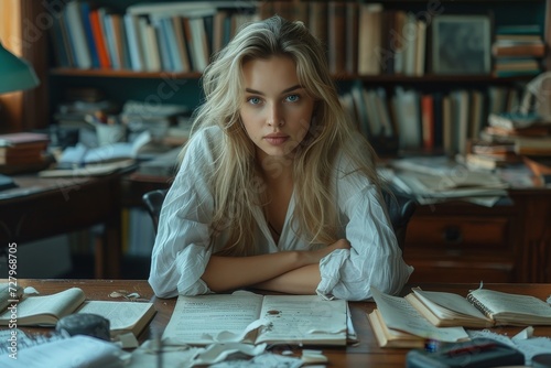 A studious woman sits at her desk surrounded by books and shelves, her human face exuding intelligence and her fashionable clothing hinting at her love for literature in this cozy indoor library