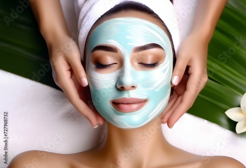 Woman receiving a facial mask from a spa professional