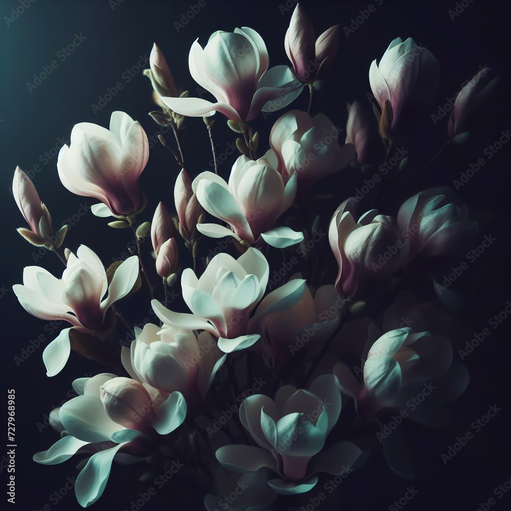 Magnolia bouquet with dramatic side light. Flowers and plants in spring. AI generated