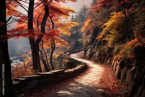 A peaceful painting capturing the enchanting beauty of a winding path amidst lush woods, Vibrant autumn foliage covering a winding mountain path, AI Generated © Iftikhar alam