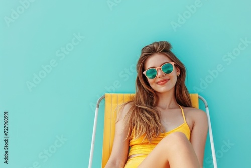 Beautiful happy young woman in sunglasses sits in a beach chair isolated on a flat pastel blue background with copy space. Summer tourist banner template