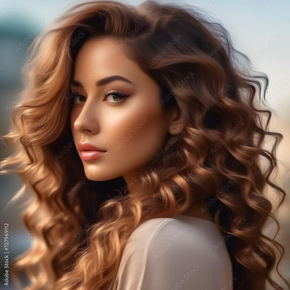 Naklejka premium Beautiful girl with a beautiful long wavy hair