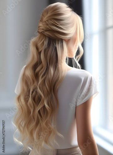 Long blonde hair braided and styled in medium waves