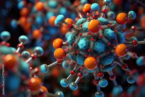 A detailed and up-close shot showcasing the colors and textures of an orange and blue substance, Vibrant nanotechnology atoms assembling and disassembling, AI Generated