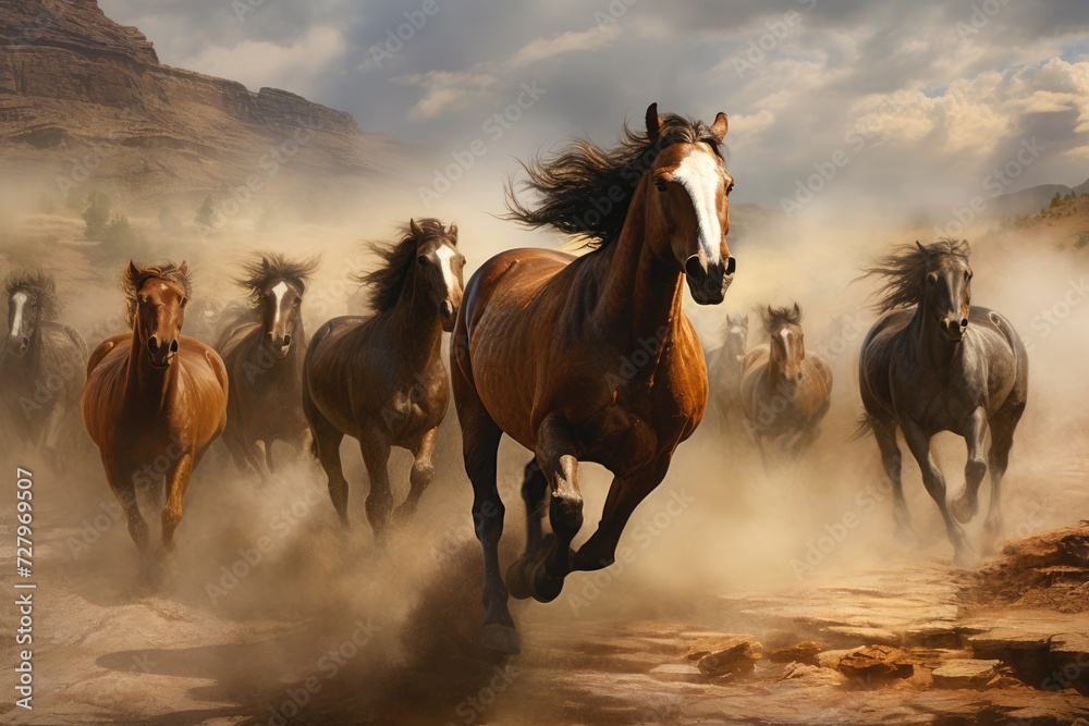 A breathtaking moment captured of a large group of horses galloping across a dusty field, Wild, galloping horses in the American West, AI Generated A breathtaking moment captured of a large group of horses galloping across a dusty field, Wild, galloping horses in the American West, AI Generated