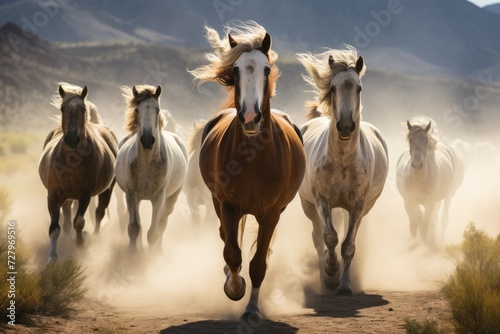 A dynamic photo capturing the energy and grace of a group of horses running together on a dusty rural road  Wild  galloping horses in the American West  AI Generated