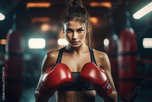 A powerful and determined woman wearing boxing gloves showcases her athletic skills and strength in a gym, Woman training boxing at gym, AI Generated