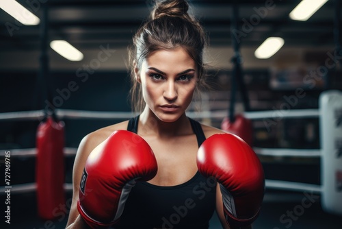 A determined woman wearing boxing gloves is ready to throw punches in a boxing ring, Woman training boxing at gym, AI Generated