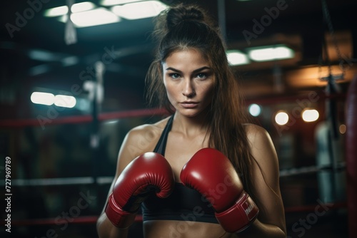 A powerful woman wearing boxing gloves confidently stands in a boxing ring, Woman training boxing at gym, AI Generated