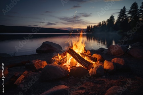 A campfire is lit on the shore of a lake, casting a warm glow on the surrounding area, Wonderful evening atmospheric background of campfire, AI Generated
