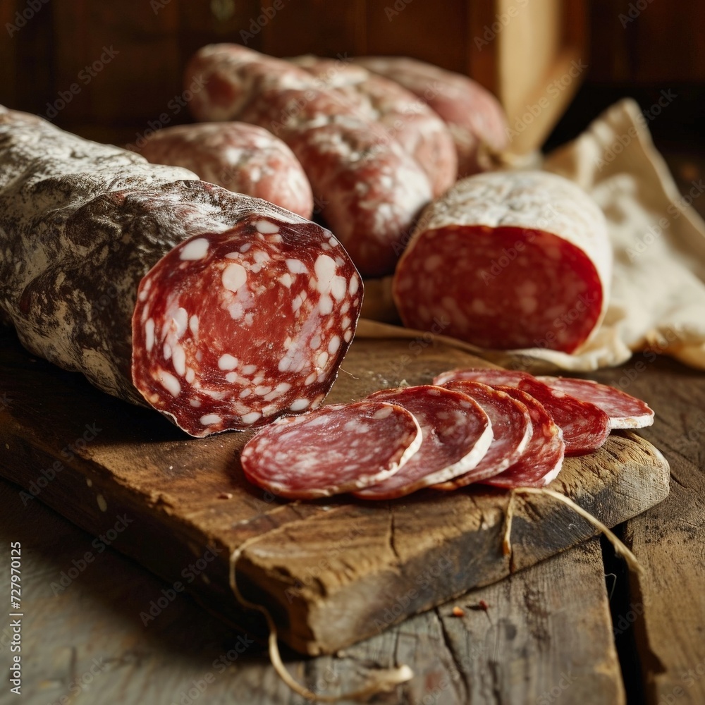 Sliced sausage, spices on a cutting board. Selective focus.
Ai created. Sliced sausage, spices on a cutting board. Selective focus.
Ai created.