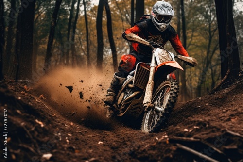 Experience the exhilaration of a man riding a dirt bike through the lush greenery of a forest, Young male motocross rider racing in forest, AI Generated