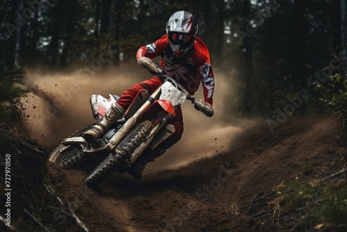A person riding a dirt bike on a trail, experiencing the thrill and excitement of off-road adventure, Young male motocross rider racing in forest, AI Generated © Iftikhar alam