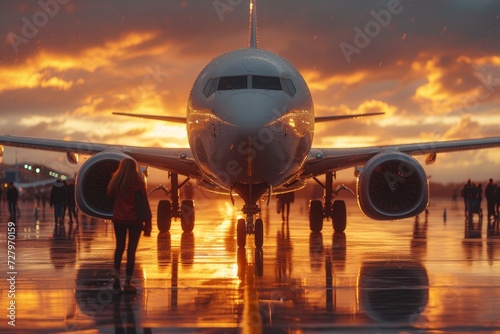 As the sun sets on the horizon, a woman confidently walks towards the massive airbus, ready to embark on an exhilarating journey through the clouds