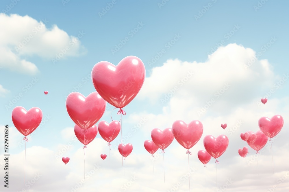 A lively scene with a bunch of heart-shaped balloons soaring skyward, perfect for joyous celebrations and events, Love heart balloons caught in a playful wind on Valentine's day, AI Generated