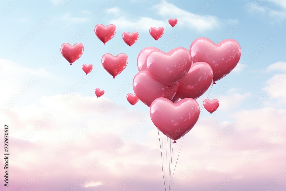 A collection of heart-shaped balloons soaring through the sky, Love heart balloons caught in a playful wind on Valentine's day, AI Generated