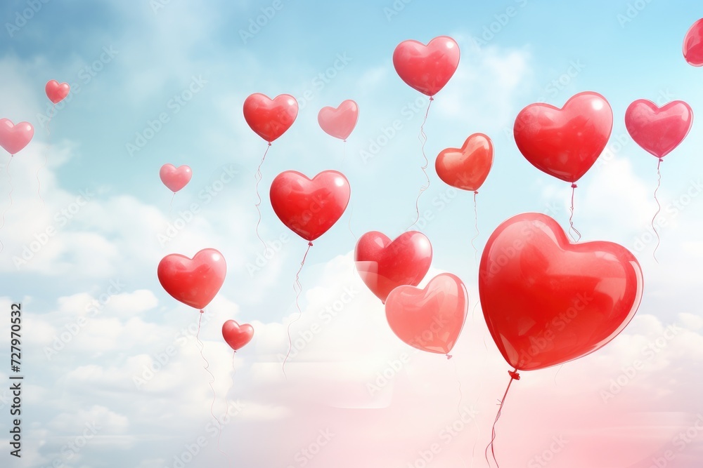 A festive scene of various colored heart shaped balloons creating a joyful atmosphere as they float in the air, Love heart balloons caught in a playful wind on Valentine's day, AI Generated