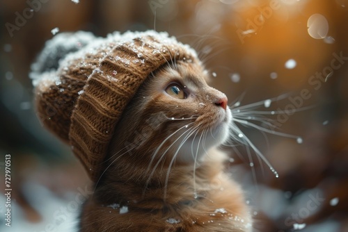 A cozy feline dons a warm knit hat amidst a snowy wonderland, embracing the beauty of winter and showcasing the innate resilience of outdoor creatures