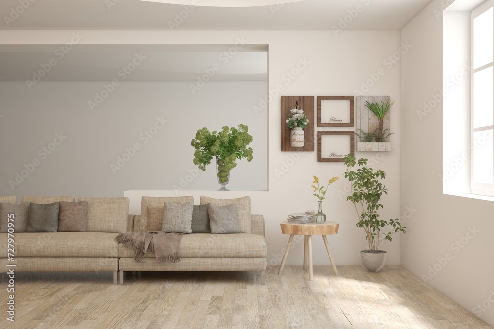 Fototapeta premium White living room with sofa. Scandinavian interior design. 3D illustration