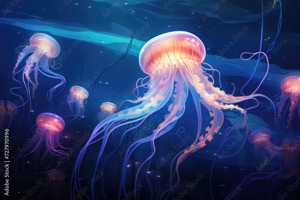 An image capturing the beauty of a group of jellyfish gracefully floating in the expansive ocean, Luminous jellyfish tentacles against a deep sea background, AI Generated An image capturing the beauty of a group of jellyfish gracefully floating in the expansive ocean, Luminous jellyfish tentacles against a deep sea background, AI Generated