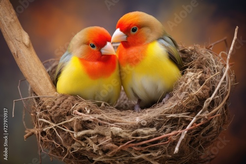 Two birds peacefully sit side by side in their carefully constructed nest, showcasing the beauty of natures harmony, Lovebirds building a nest shaped like a heart, AI Generated