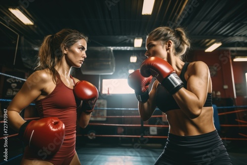 Two women standing side by side in a boxing ring, ready for a match, Young woman boxing training with her female sparring partner, AI Generated