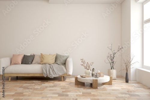 Fototapeta Naklejka Na Ścianę i Meble -  Modern minimalist interior with sofa on empty white color wall background. Interior mockup. Scandinavian interior design. 3D illustration