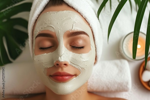 Beautiful woman applying facial mask at beauty spa salon