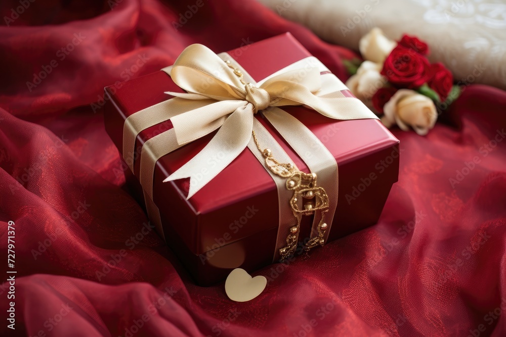 A stunning red gift box with a gold ribbon and a beautiful rose, perfect for any special occasion, Luxurious, velvet gift box with a gold ribbon for Valentine's Day, AI Generated A stunning red gift box with a gold ribbon and a beautiful rose, perfect for any special occasion, Luxurious, velvet gift box with a gold ribbon for Valentine's Day, AI Generated