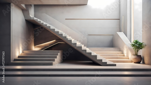 Abstract 3D staircases with sleek concrete steps in a serene design.