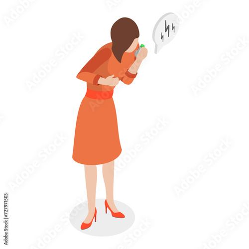3D Isometric Flat Vector Illustration of Asthma, Patient Suffering From Allergic Respiratory Disease. Item 3