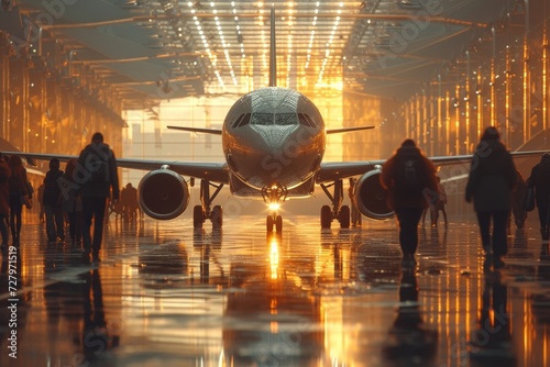 A massive airplane crashes into a towering building, a chaotic collision of modern transportation and urban infrastructure photo