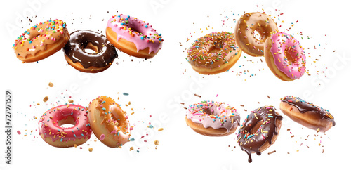 Collection of round donut doughnut, Colourful set, flying falling with sprinkles nuts topping frosting on transparent background cutout, PNG file. Many assorted different. Mockup template for artwork photo