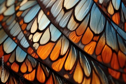 A striking and intricately patterned butterfly wing in vivid colors, showcasing the natural wonders of the animal kingdom, Macro view of butterfly wing patterns, AI Generated