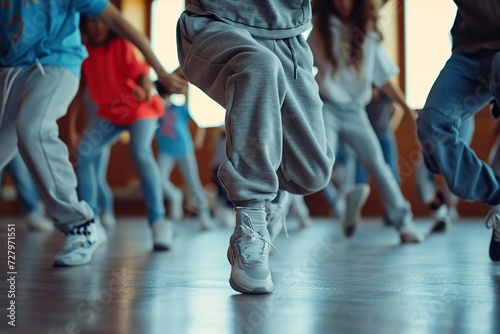 Happy children in stylish clothes dancing in choreography class