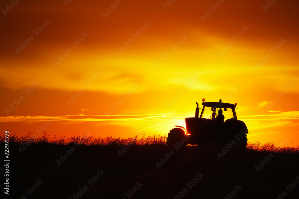 Harvest Harmony: High-Contrast Silhouette of a Farm Tractor at Sunrise Harvest Harmony: High-Contrast Silhouette of a Farm Tractor at Sunrise