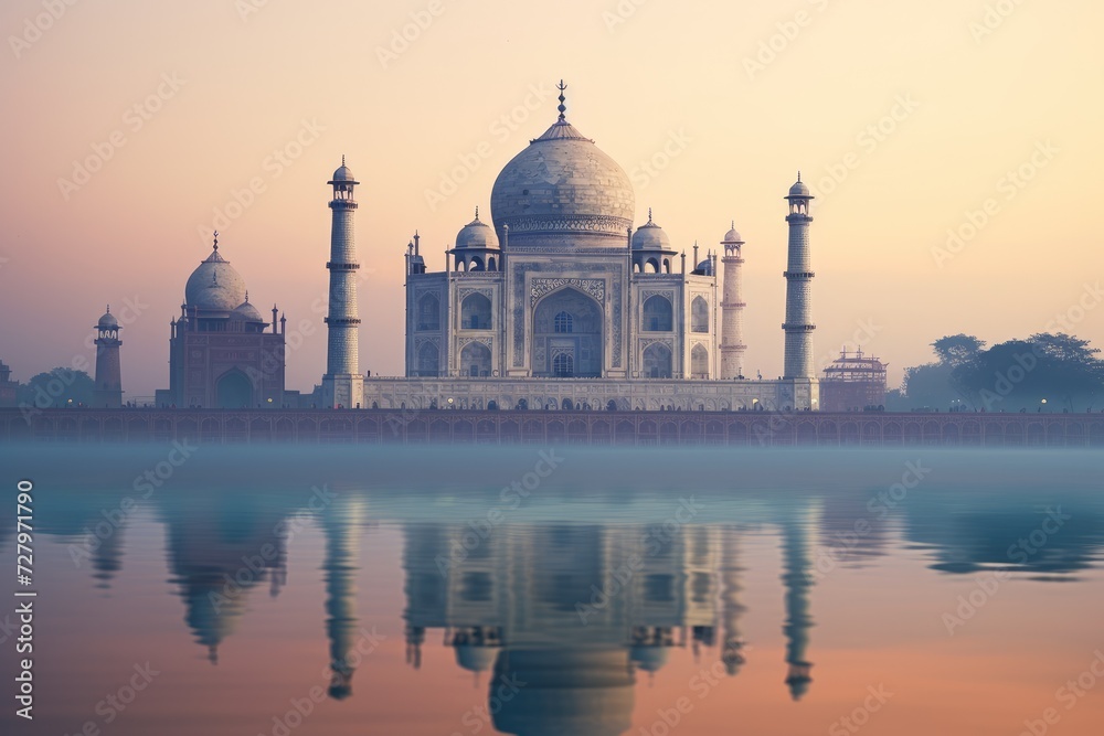 A stunning large white building elegantly positioned atop a serene lake, creating beautiful reflections, Majestic Taj Mahal on a foggy morning, AI Generated