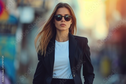 Portrait of handsome businesswoman in suit walking on urban street © Alina
