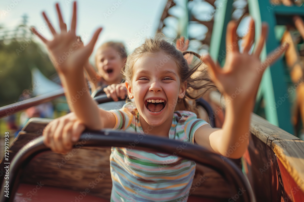 Happy friends having fun on roller coaster in an amusement park Happy friends having fun on roller coaster in an amusement park