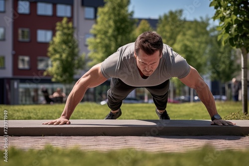 A man performs push ups in a serene park, showcasing an effective exercise for overall strength and conditioning, Man doing push-ups in an outdoor fitness park, AI Generated