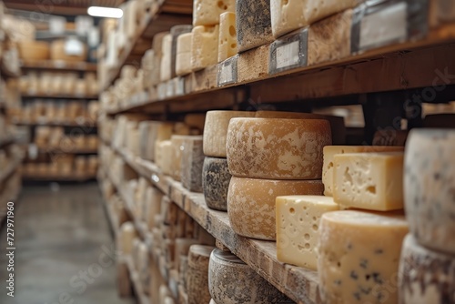 Indulge in the savory variety of cheeses, from rich parmigianoreggiano to tangy toma, displayed elegantly on an indoor shelf of delights photo