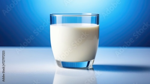 A large glass of milk on a white table on a blue background. A place for the text. Free space.